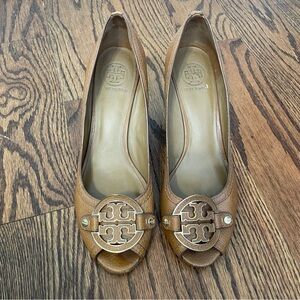 Tory Burch brown peep toe wedges, size 10